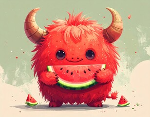 Fluffy red monster holding watermelon slice