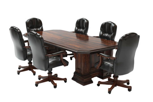 A luxurious, empty boardroom with a polished wooden table and leather chairs, isolated on black