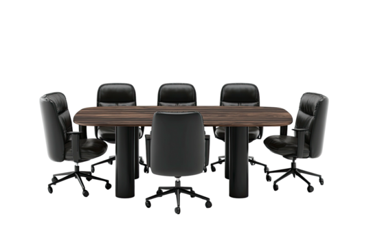 A conference room table with leather chairs. The furniture sits against a black background - Powered by Adobe