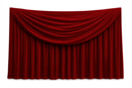 Red velvet stage curtain draped fabric, theater performance concert luxury opera event background, transparent