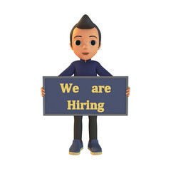 Man Holding We Are Hiring Board 3D Illustration