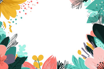 Floral Frame Design With Teal Pink Yellow Flowers On Transparent Background