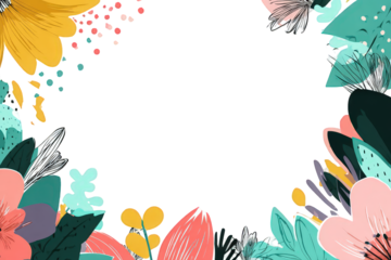 Floral Frame Design With Teal Pink Yellow Flowers On Transparent Background