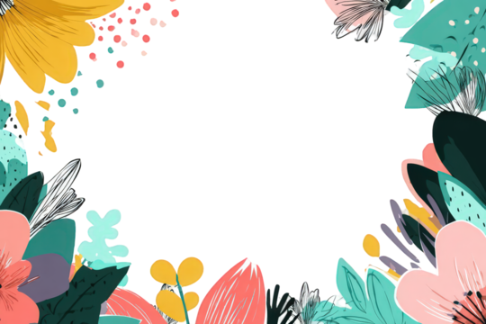 Floral Frame Design With Teal Pink Yellow Flowers On Transparent Background