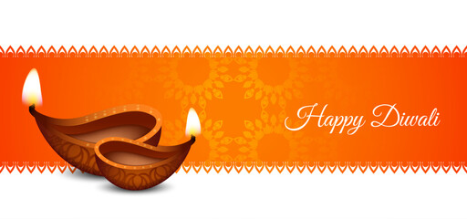 Happy Diwali Festival Greeting Background with Glowing Diyas and Candle Lamps, Warm Orange Decorative Lights, Elegant Indian Celebration Design for Holiday Card or Festive Poster
