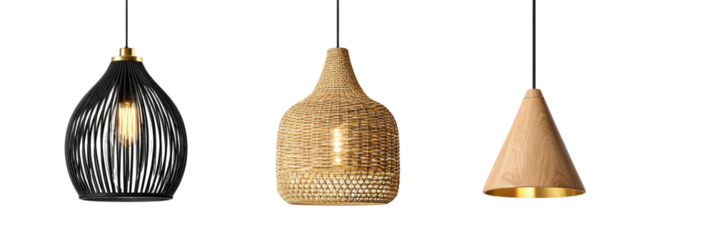 Three distinct pendant lights, varying in shape, material, and color against a stark black background