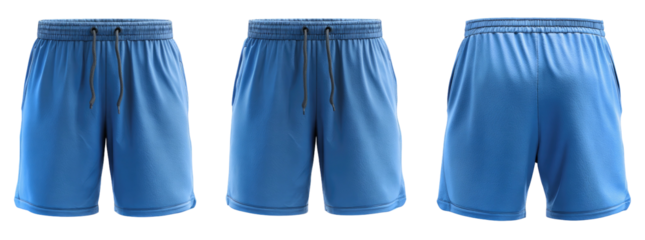 Three-view rendering of athletic shorts in light blue, featuring a drawstring waistband and soft fabric