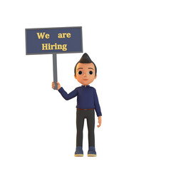 Man Holding We Are Hiring Board 3D Illustration