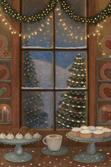 Christmas Window with Sweets and Lights — Cozy Watercolor Illustration