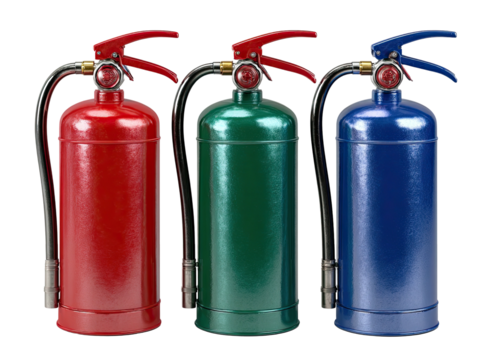 Three fire extinguishers in different colors, arranged side-by-side on a black background