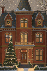 Victorian Christmas House with Tree and Lights — Watercolor Illustration
