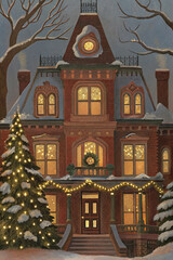 Victorian Christmas House with Tree and Lights — Watercolor Illustration