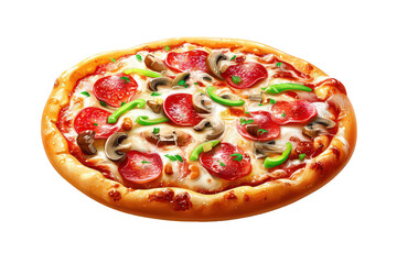 Overhead View of Pepperoni Pizza with Mushrooms and Green Peppers on Transparent Background