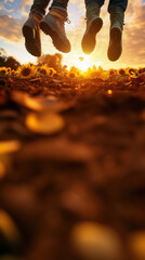 Couple partners jumping together, feet silhouetted against a vibrant sunset sky over a field of blooming sunflowers, celebrating freedom and joy in nature