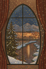 Winter Village View from Window with Christmas Tree — Watercolor Illustration