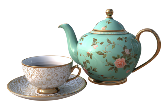 Vintage turquoise teapot and teacup set with floral pattern isolated on transparent background - Powered by Adobe