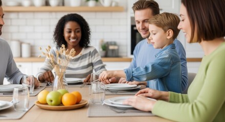 A diverse family gathers around a table, smiling and preparing to eat a meal together in a bright, modern kitchen.