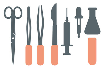 Collection of essential surgical instruments and laboratory glassware icons