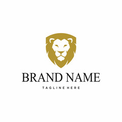 Golden lion head logo design, featuring a majestic lion's face within a shield, perfect for branding.