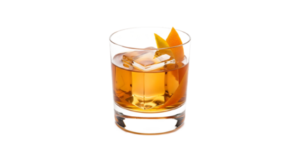 Classic old fashioned cocktail with orange peel garnish on transparent background