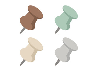 Set of four push pins in muted earth tone colors isolated on white background