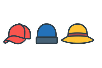 Set of three headwear icons including baseball cap beanie and straw hat