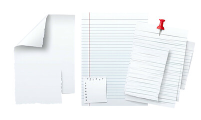 A collection of various paper sheets, some lined, with curled corner & push pin