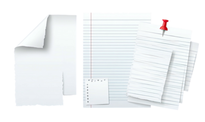 A collection of various paper sheets, some lined, with curled corner & push pin