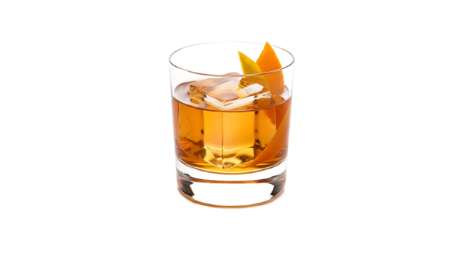 Classic old fashioned cocktail with orange peel garnish on transparent background