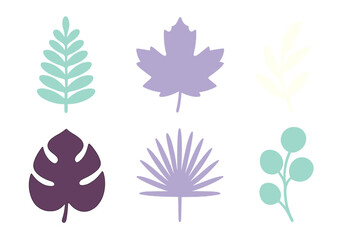 Set of six stylized botanical leaf shapes in pastel and deep purple colors