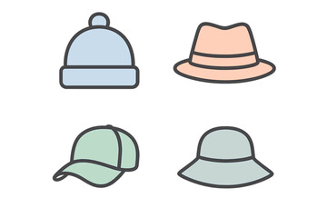 Collection of four simple headwear icons including beanie fedora baseball cap and sun hat
