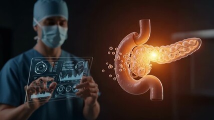 Visualizing pancreatic cancer for study, doctor examines 3D model of pancreas with tumor. Pancreatic cancer highlighted, aiding research of pancreas, studying the cancer, and doctor analysis.