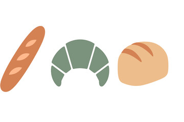 Collection of assorted baked goods icons featuring baguette, croissant, and loaf