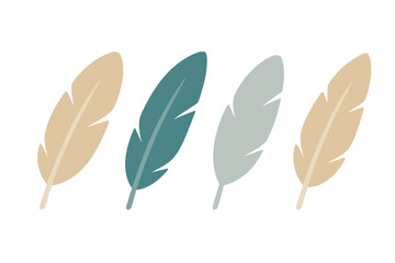 Four stylized bird feathers in muted earth tones and vibrant teal