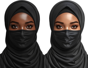 Two images side by side, the left one of an Muslim woman wearing black hijab covering