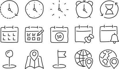 Hand Drawn Time and Calendar Icons Set – Schedule Planning and Deadline Outline Symbols