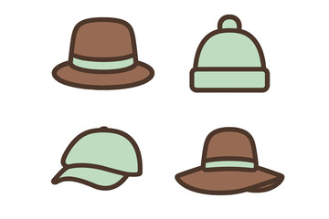 Collection of four stylized headwear icons including fedora, beanie, baseball cap, and sun hat