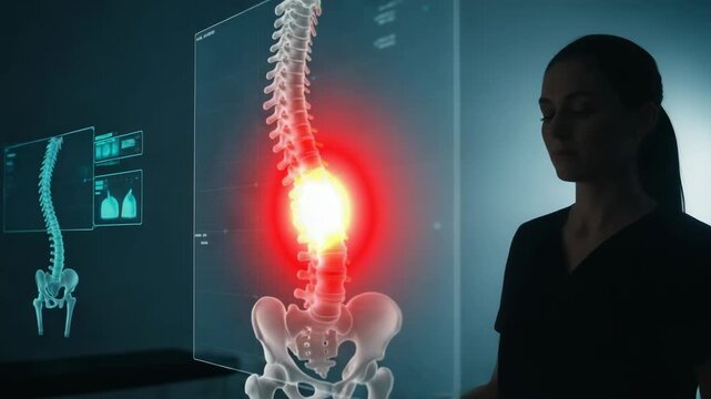 Scoliosis treatment with spine scan and doctor in dark room. Spinal scan shows curvature and diagnostic, scoliosis treatment for patient. Spinal scan visualizes illness,