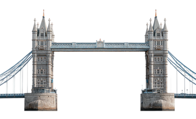 Iconic suspension bridge with twin towers and a connecting walkway, transparent background
