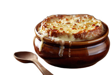 French Onion Soup in Brown Ceramic Bowl with Melting Cheese on Transparent Background