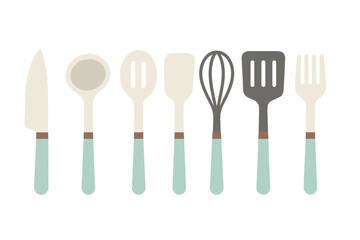Collection of essential kitchen utensils with modern pastel handles