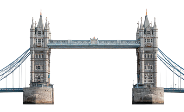 Iconic suspension bridge with twin towers and a connecting walkway, transparent background