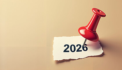 Red pushpin on torn paper with "2026", minimal future reminder