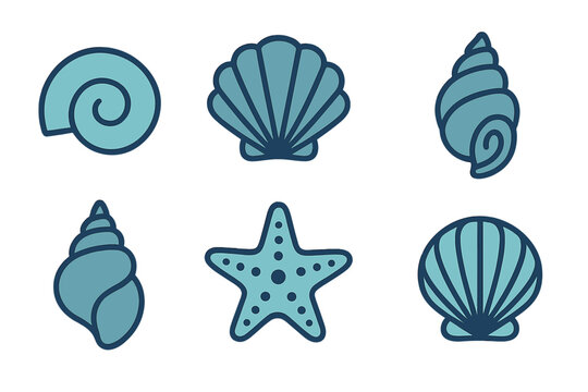 Stylized blue sea shells and starfish icons collection