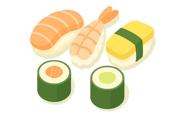 Isometric assortment of sushi pieces including nigiri and maki rolls © icon_art