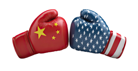 Two boxing gloves, representing nations, face each other. One is red with stars. The other displays stripes
