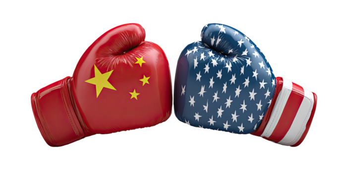 Two boxing gloves, representing nations, face each other. One is red with stars. The other displays stripes