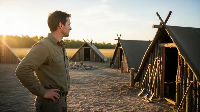 Man looking at campsite with triangular tents in summer, enjoying sunlit outdoors. Campsite provides experience in nature, perfect for camping and outdoor recreation.