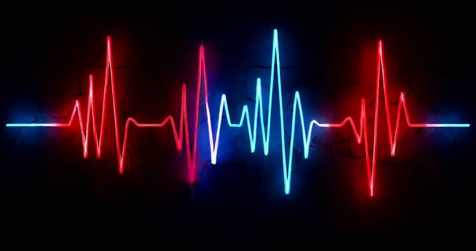 Colorful heartbeat waveform graphic with vibrant red and blue lines on black