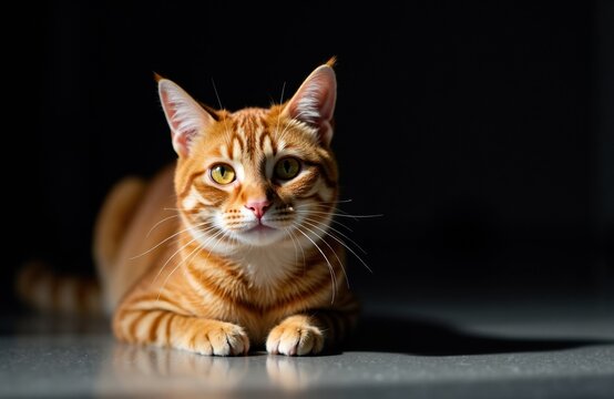 A ginger tabby cat lying on a smooth surface with a dark background - Powered by Adobe